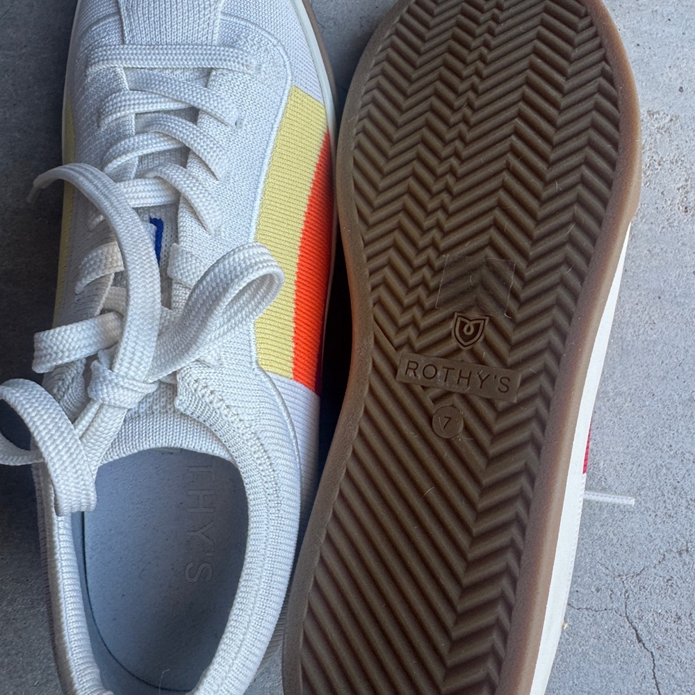 Rothy's White Sneakers with Orange and Yellow Accents